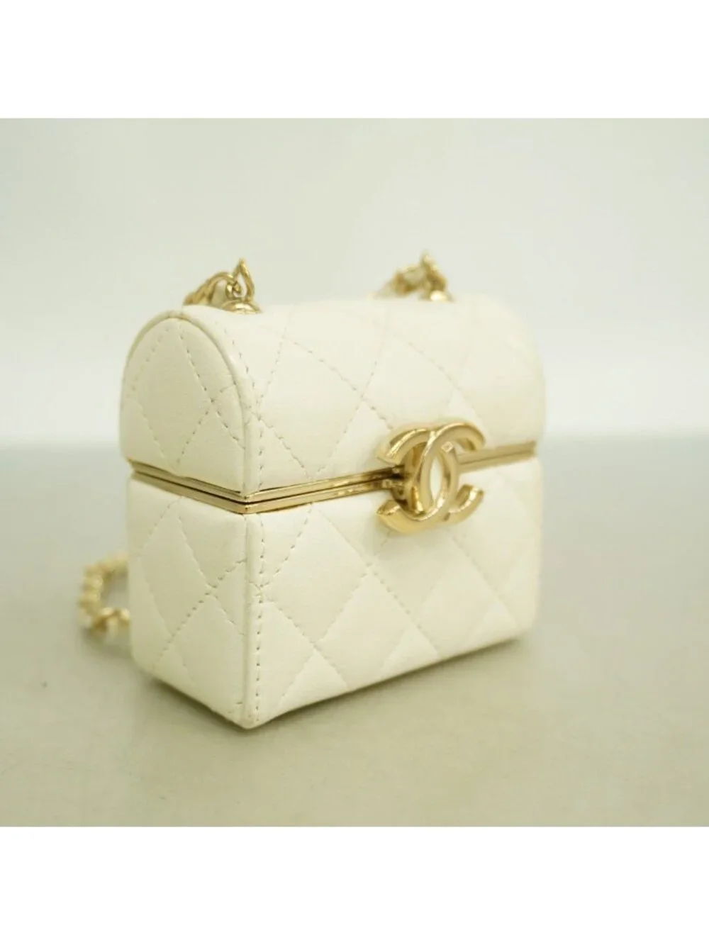 Chanel Airpods Case Quilted Lambskin White Champagne Gold Shoulder